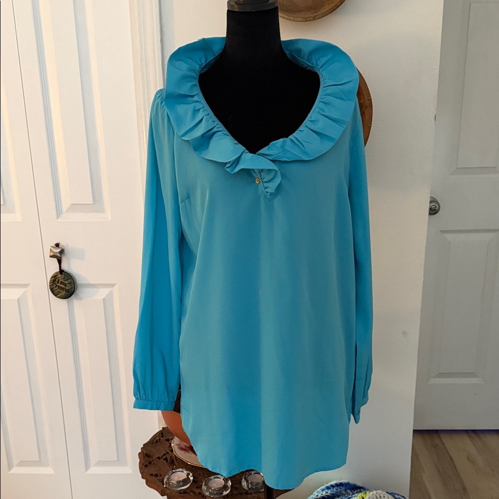 Ruffled Collar Tunic Top in Turquoise